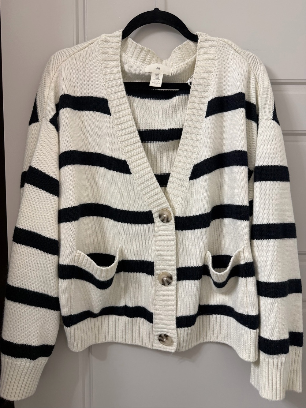 H&M Cream and Black Striped V-Neck Button Cardigan